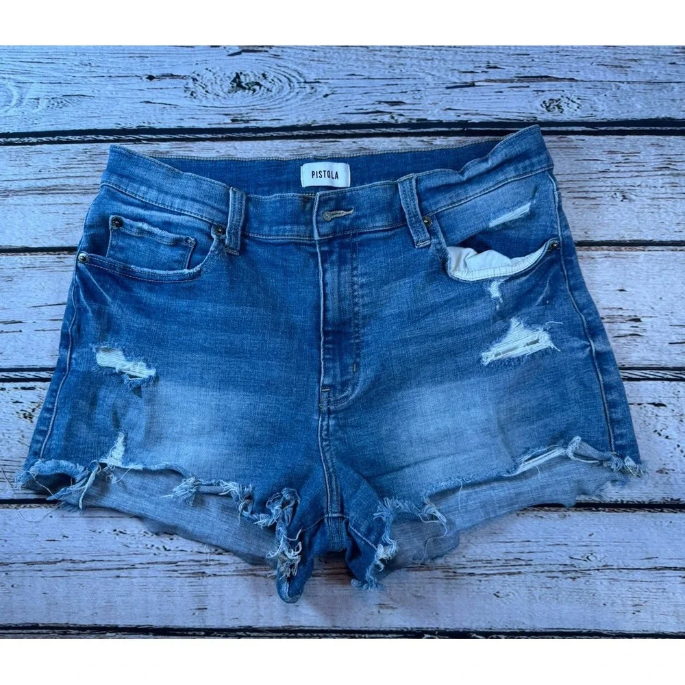 Pistola Shorts 31 Distressed Blue Cut Off Relaxed High Rise Womens‎